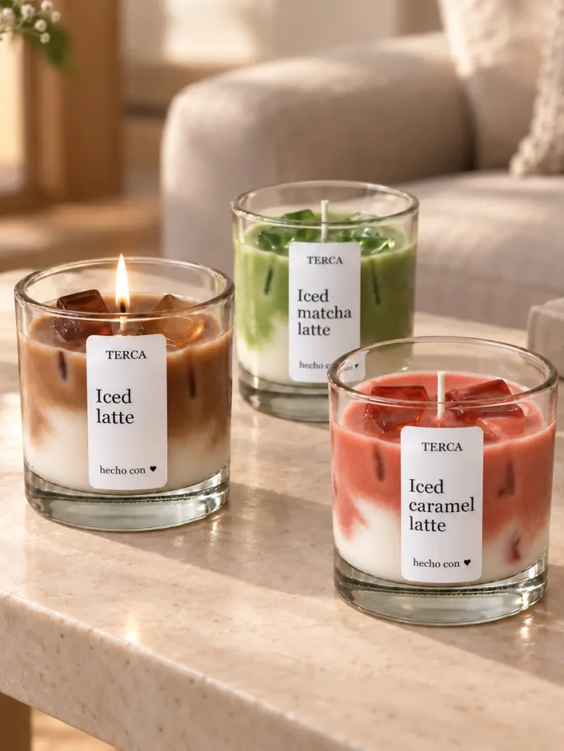 Las tres velas TERCA de la colección N° 01 sobre una mesa de living, con la Iced Latte encendida