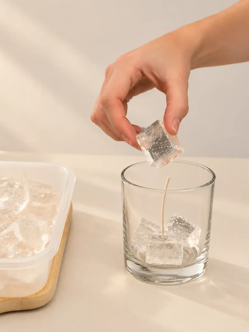 Una mano colocando a mano un cubo de cera translúcida dentro del vaso de una vela TERCA todavía vacía